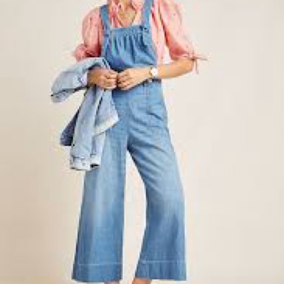 Pilcro Anthropologie Wide-Leg Cropped Tie-Front Blue Denim Overalls Size 26 - Picture 2 of 11